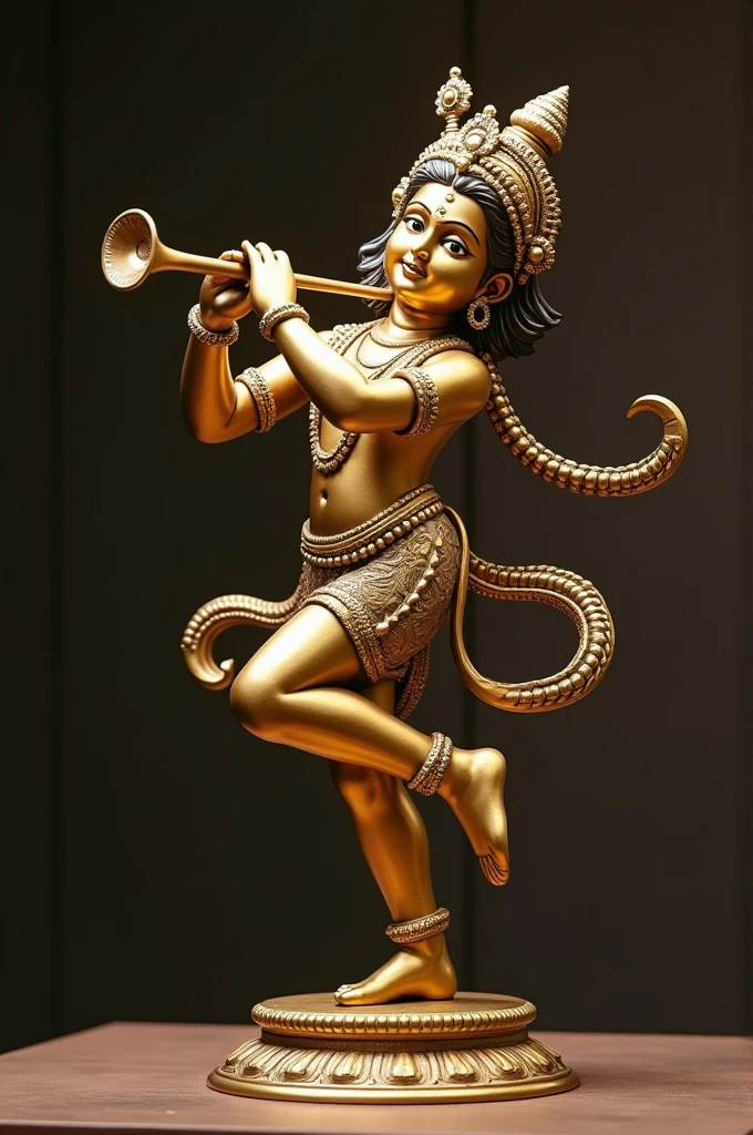 This description vividly evokes image of a captivating brass statue of Krishna. The statue’s dance pose, with one foot lifted and body gracefully turned, exudes a sense of divine movement and elegance. The intricate detailing on Krishna’s clothing and ornaments, with delicate patterns, adds to the overall grace and celestial quality. The thoughtful design allows for a flute to be inserted into the slot in his hands, enhancing the sense of Krishna’s divine playfulness. The warm, golden glow of the brass, coupled with the subtle engravings, enriches the texture and depth of the statue, highlighting Krishna’s serene and joyful expression. This combination of artistry and spirituality beautifully embodies the charm and grace of the divine dancer.