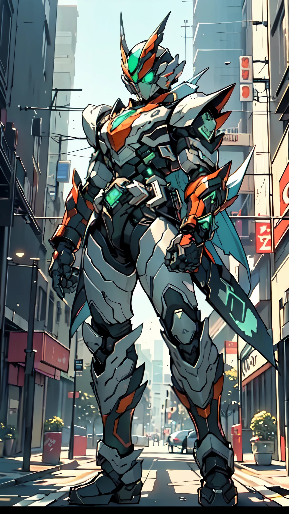 (masterpiece:1.5, best quality:1.5, extremely delicate:1.5), a man wearing a full-face helmet, a fantasy-style biotech armored combat suit, green eyes, (a composite layered chest armor), fully enclosed shoulder guards, matching arm and leg guards, belt of Neon circuit, (the color scheme is primarily black with green and red accents), the design balances heavy with agility, a high-tech bio-mecha armor, (Armor Concept Inspired by Kamen Rider, stand on the top of a skyscraper in a futuristic sci-fi city), this character embodies a finely crafted fantasy-surreal style armored hero in anime style, exquisite and mature manga art style, (element, plasma, energy, the armor glows), ((male:1.5)), metallic, high definition, highres, ultra-detailed, ultra-fine painting, professional, perfect body proportions, golden ratio, anatomically correct, symmetrical face, extremely detailed eyes and face, high quality eyes, creativity, RAW photo, UHD, 32k, Natural light, cinematic lighting, masterpiece-anatomy-perfect
