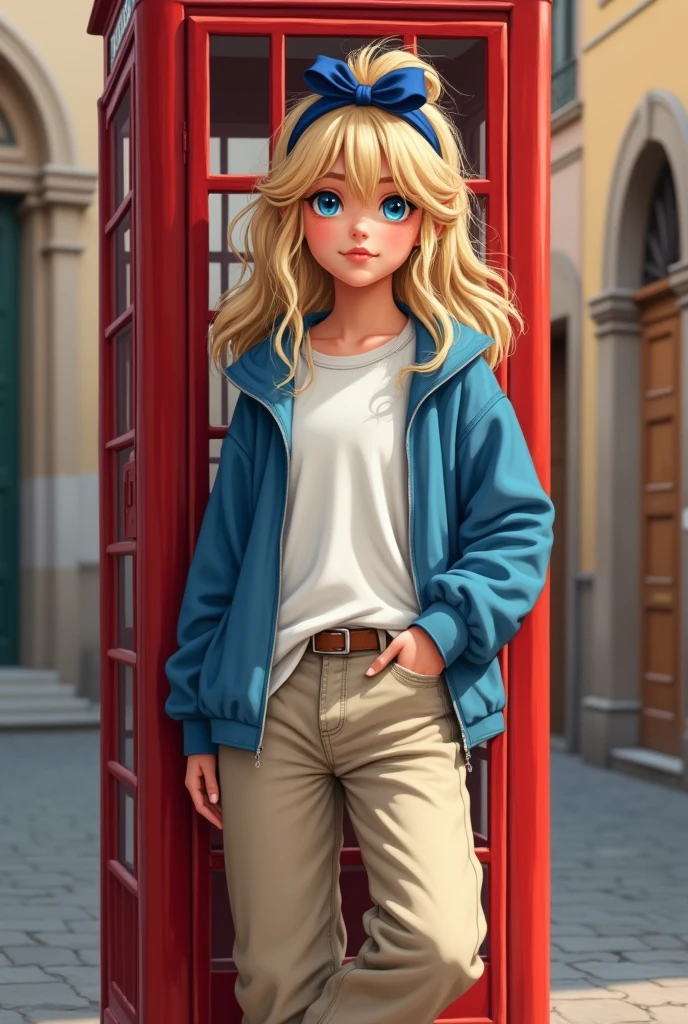 The portrait is of a young girl in a typical Italian setting. The buildings behind her are old and picturesque, and represent the beauty of Italy. The girl has long, wavy blonde hair that is pulled back in a messy, casual hairstyle, with highlights of bright blue streaks throughout. She is wearing a black headband with a cute, blue coquettish bow on it. She wears a baggy, blue jacket which is worn open, revealing a plain white t-shirt underneath. Her pants are oversized beige baggy jeans reaching down to her white sneakers on her feet. She stands next to a red, old, typical telephone booth and leans on it with her whole body.