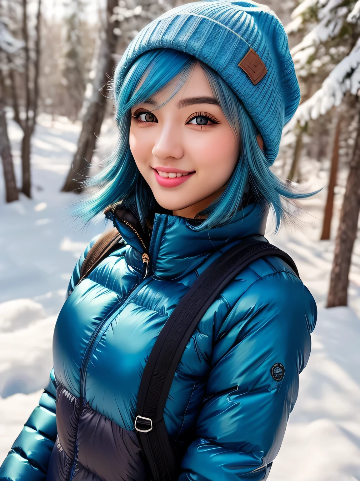(blue hair:1.4), short hair, realistic green eyes, cobalt hair, long bob hair, tousled hair, shoulder length hair, Full body, woman with white skin and Asian features, 24 year old, big breast. She has a small, elegant nose with a slight upward curve at the tip. Her lips are full and naturally pink, with a well-defined Cupid's bow. Her teeth are straight and white, enhancing her captivating smile. Her face has an oval shape with high cheekbones that add to her model-like appearance. highly detailed glowing eyes, specular light, extreme quality, crystal clear, cute face, detailed skin pores, oil Dark skin, brown, complex eye details, 8K, ((high quality, 8K, Ultra HD, high quality, high quality, High resolution, realism)) 、A 22-year-old extremely beautiful white woman、smile、Slender but well-proportioned body、Background blur((depth of field))、Aerial perspective((atmospheric perspective))、I want my head to stay off screen、In snowy mountain forests、Wear suitable winter clothing for hiking、Wear winter trousers、Wear winter shoes、Carry a big backpack、Walking through the snow、Wear a knitted hat、Wear cold weather gloves、Lots of snow、Ice axe((Pickel))have, (short hair:1.3)