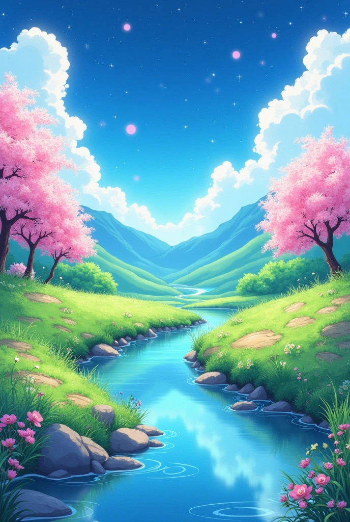 Viral anime nature wallpaper in 4K quality, in the style of illustration inspired by Rumiko Takahashi,_ featuring a picturesque valley with rolling hills,_ blossoming cherry trees,_ and a clear river flowing through;_ soft and pastel color temperature,_ cosmos lighting with stars twinkling in the sky,_ no human characters, the atmosphere is calm and idyllic --v 10 --stylize 1000