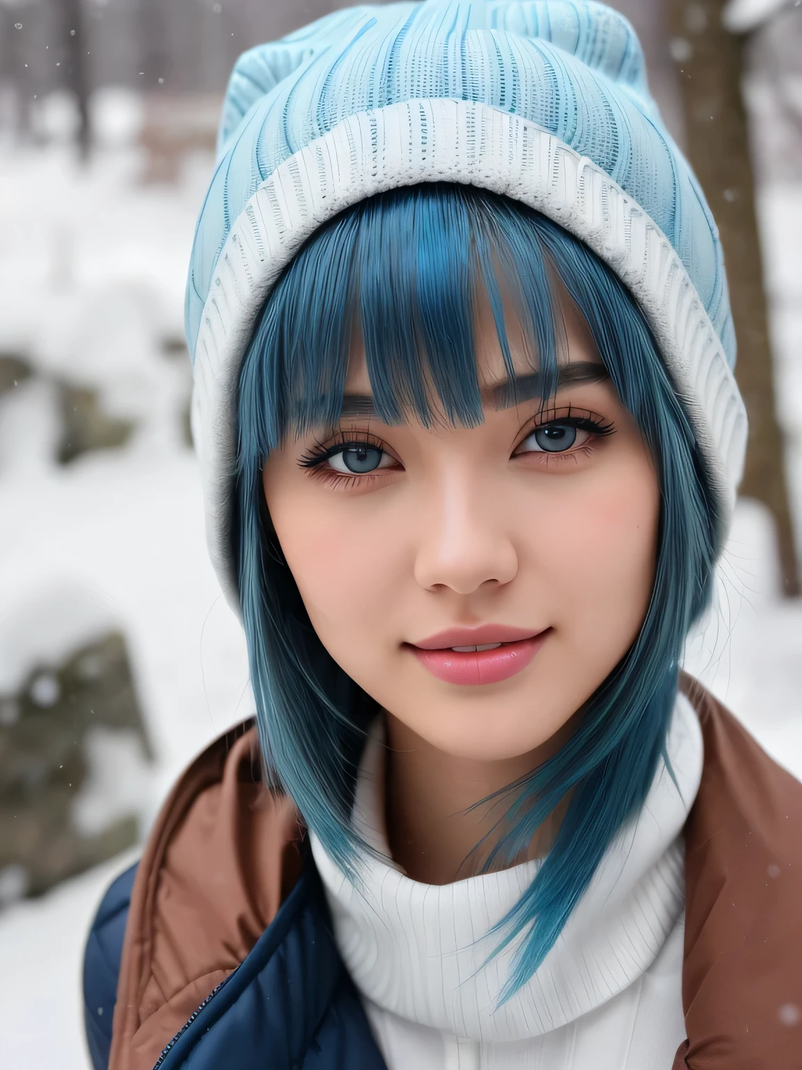 (blue hair:1.4), short hair, realistic green eyes, cobalt hair, long bob hair, tousled hair, shoulder length hair, Full body, woman with white skin and Asian features, 24 year old, big breast. She has a small, elegant nose with a slight upward curve at the tip. Her lips are full and naturally pink, with a well-defined Cupid's bow. Her teeth are straight and white, enhancing her captivating smile. Her face has an oval shape with high cheekbones that add to her model-like appearance. highly detailed glowing eyes, specular light, extreme quality, crystal clear, cute face, detailed skin pores, oil Dark skin, brown, complex eye details, 8K, ((high quality, 8K, Ultra HD, high quality, high quality, High resolution, realism)) 、A 22-year-old extremely beautiful white woman、smile、Slender but well-proportioned body、Background blur((depth of field))、Aerial perspective((atmospheric perspective))、I want my head to stay off screen、In snowy mountain forests、Wear suitable winter clothing for hiking、Wear winter trousers、Wear winter shoes、Carry a big backpack、Walking through the snow、Wear a knitted hat、Wear cold weather gloves、Lots of snow、Ice axe((Pickel))have, (short hair:1.3)
