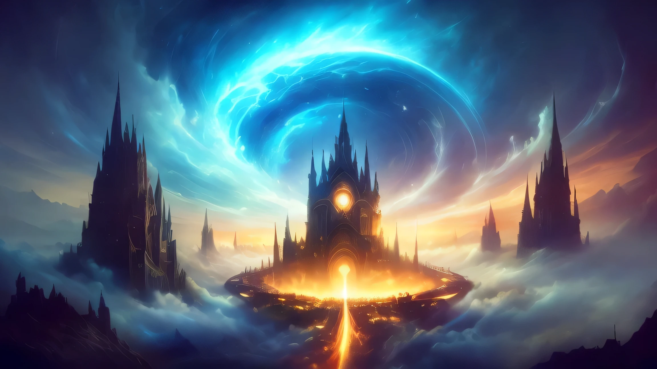 Painting of a spiral city surrounded by clouds, Magic portal in the sky, Heavenly gate, Dreamy digital painting, Entrance to the spirit world, A gateway to another universe, Surreal dreamscape, Gateway to another dimension, digital art fantasy, Highly detailed digital art in 4K, Surreal and mysterious atmosphere, Breathtaking fantasy art, Symmetrical epic fantasy art, fantasy digital art