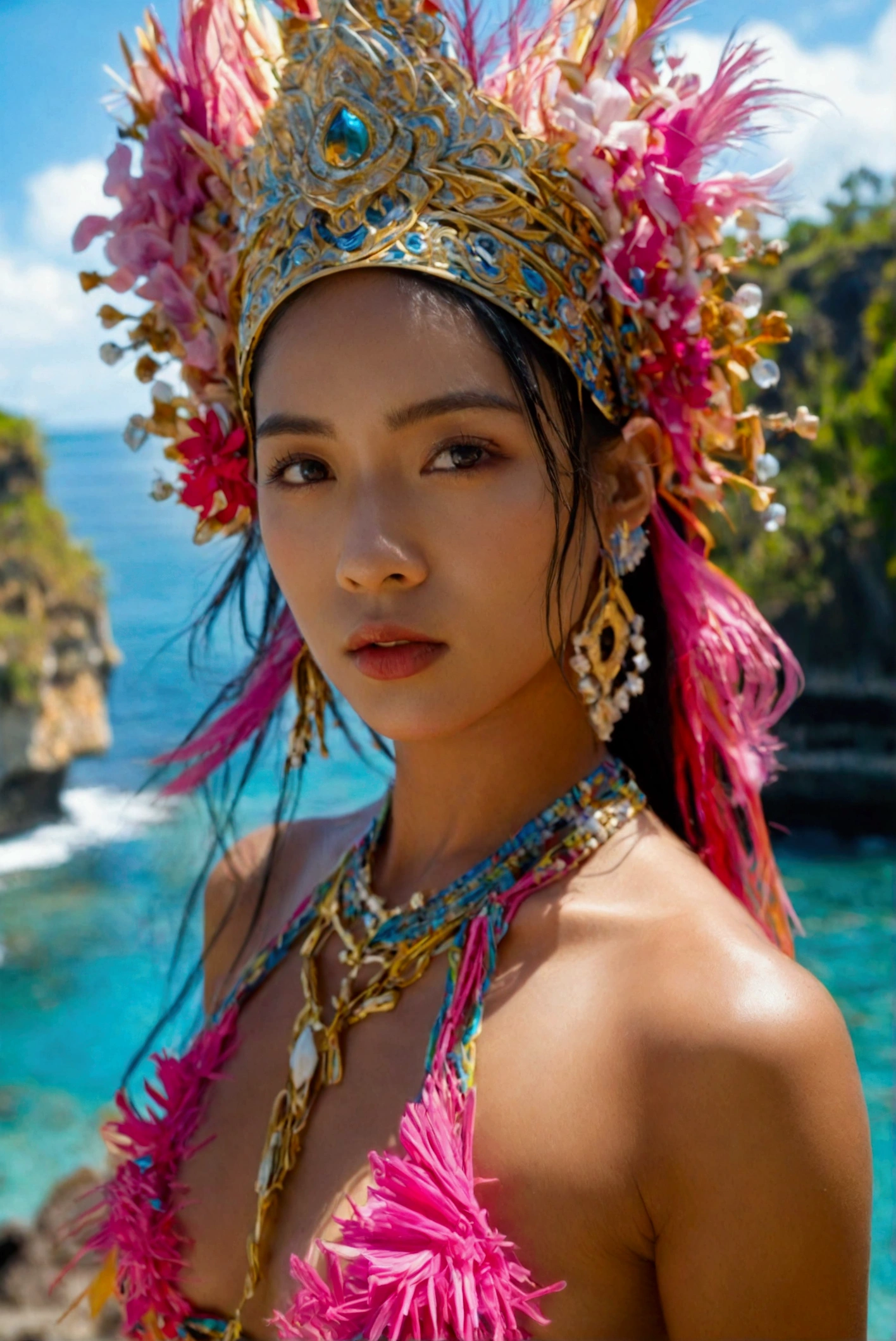 ((prefect eyes)), (deailed skin), looking at camera, Hyper-detailed shot of Balinese woman in elegant halter bikini top, framed closely from jawline to mid-chest. Subject dominates 93% of composition. Background 7: Defocused hint of Nusa Penida's crystal clear waters and limestone cliffs. Hasselblad H6D-400C, 120mm f/4 macro.