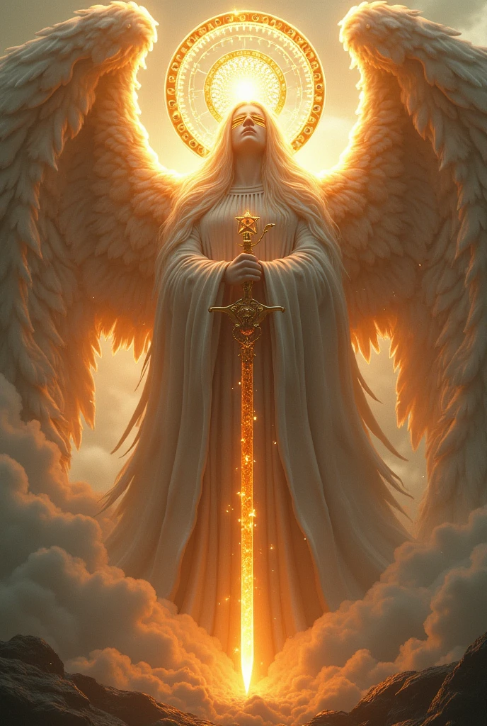 A huge angel has a blindfold on his eyes and around his head there are two spinning wheels and around the wheels he has many eyes and he has hair made of light and a huge sword of fire in his hands. 