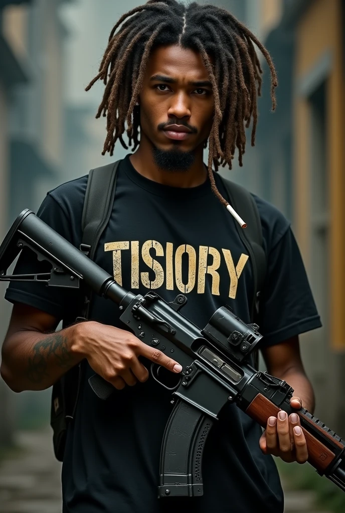 A young man with rasta hair wearing a black t-shirt named "TSIORY"on chest holding AK47 and smoking cigarette