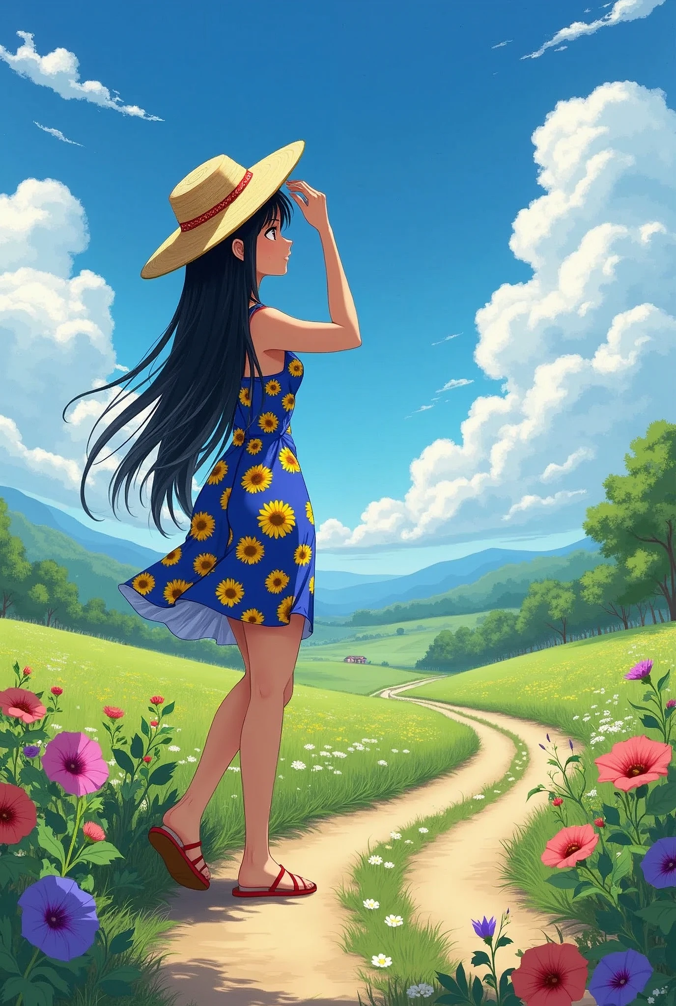 1 girl,black hair, big breasts,straw hat,One-piece dress with sunflower pattern on blue ground color,She is standing on a jarry road in the countryside,She holds her straw hat on top with her right hand,She's looking up at the sky,The area around the Jariji road is filled with morning glories,blue sky,cumulonimbus