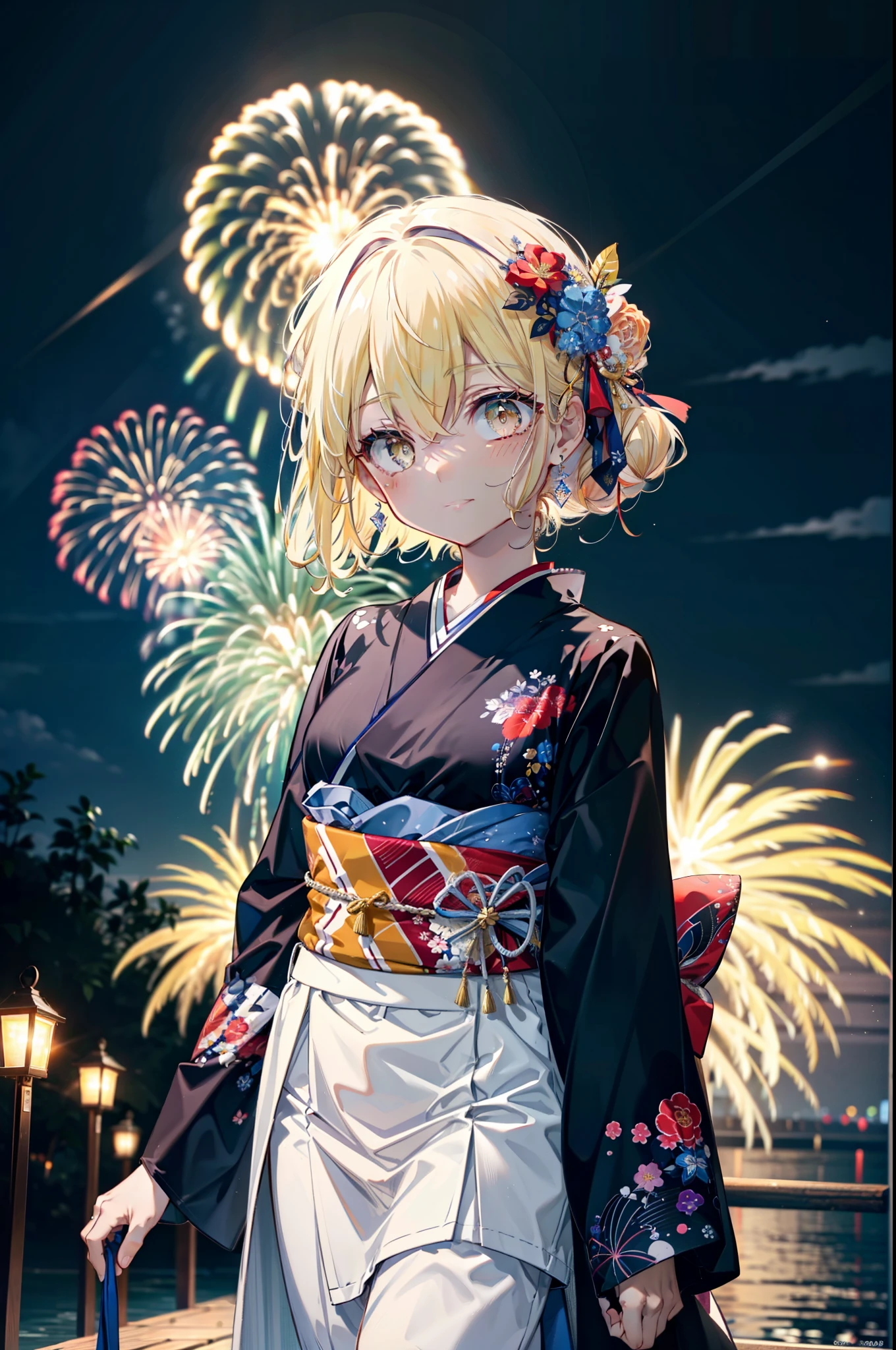Eiswallenstein, Eyes Wallenstein, blonde, Hair between the eyes, hair band, Long Hair, (Yellow Eyes:1.5), hair tied back,Flower Hair Ornaments,smile,blush,Blue Kimono,日本のfestival,夏festivalの屋台,Red lantern,Fireworks in the night sky,Fireworks,The place is a fireworks display,Time is night,whole bodyがイラストに入るように,
break looking at viewer,whole body, (Cowboy Shot:1. 5),
break ourdoors ,festival,　　　　　　　　　　　　　break (masterpiece:1.2), Highest quality, High resolution, unity 8k wallpaper, (shape:0.8), (Beautiful and beautiful eyes:1.6), Highly detailed face, Perfect lighting, Extremely detailed CG, (Perfect hands, Perfect Anatomy),