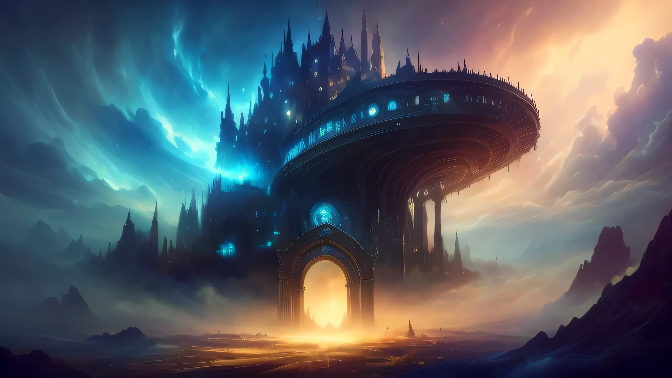 Painting of a spiral city surrounded by clouds, Magic portal in the sky, Heavenly gate, Dreamy digital painting, Entrance to the spirit world, A gateway to another universe, Surreal dreamscape, Gateway to another dimension, digital art fantasy, Highly detailed digital art in 4K, Surreal and mysterious atmosphere, Breathtaking fantasy art, Symmetrical epic fantasy art, fantasy digital art