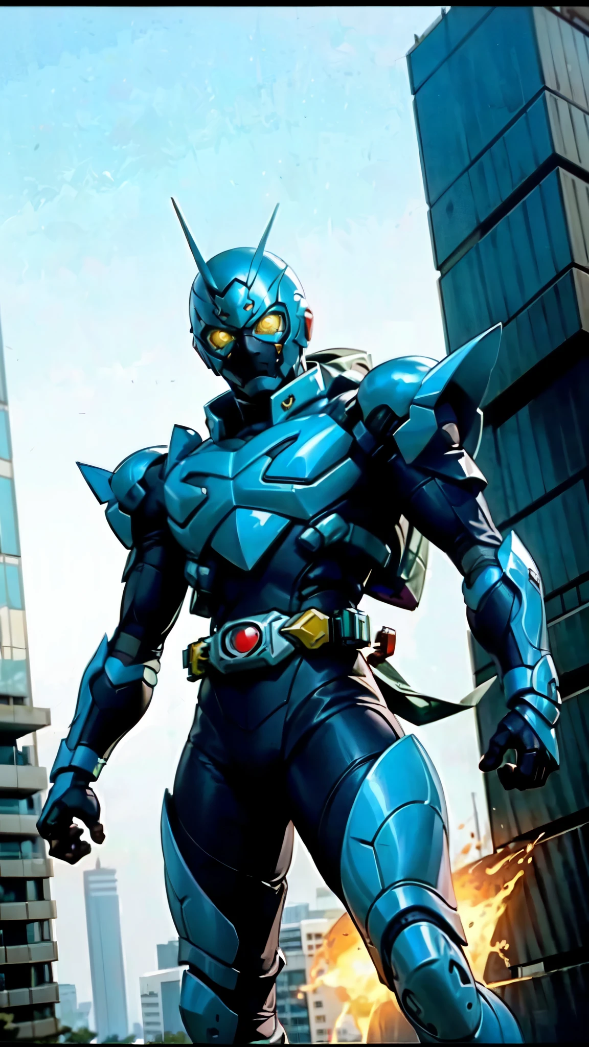 (masterpiece:1.5, best quality:1.5, extremely delicate:1.5), a man wearing a full-face helmet, a fantasy-style biotech armored combat suit, green eyes, (a composite layered chest armor), fully enclosed shoulder guards, matching arm and leg guards, belt of Neon circuit, (the color scheme is primarily black with green and red accents), the design balances heavy with agility, a high-tech bio-mecha armor, (Armor Concept Inspired by Kamen Rider, stand on the top of a skyscraper in a futuristic sci-fi city), this character embodies a finely crafted fantasy-surreal style armored hero in anime style, exquisite and mature manga art style, (element, plasma, energy, the armor glows), ((male:1.5)), metallic, high definition, highres, ultra-detailed, ultra-fine painting, professional, perfect body proportions, golden ratio, anatomically correct, symmetrical face, extremely detailed eyes and face, high quality eyes, creativity, RAW photo, UHD, 32k, Natural light, cinematic lighting, masterpiece-anatomy-perfect