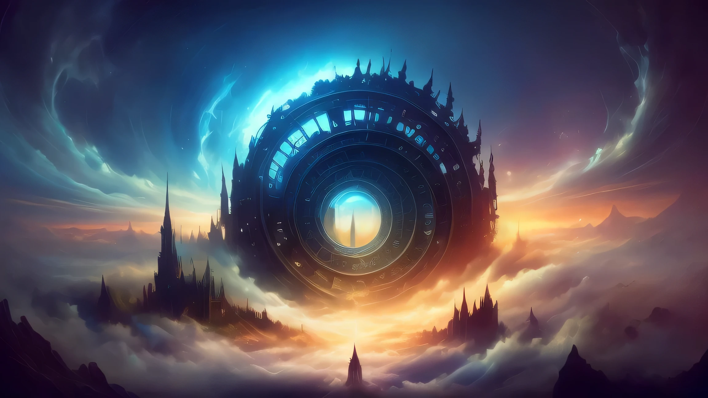 Painting of a spiral city surrounded by clouds, Magic portal in the sky, Heavenly gate, Dreamy digital painting, Entrance to the spirit world, A gateway to another universe, Surreal dreamscape, Gateway to another dimension, digital art fantasy, Highly detailed digital art in 4K, Surreal and mysterious atmosphere, Breathtaking fantasy art, Symmetrical epic fantasy art, fantasy digital art