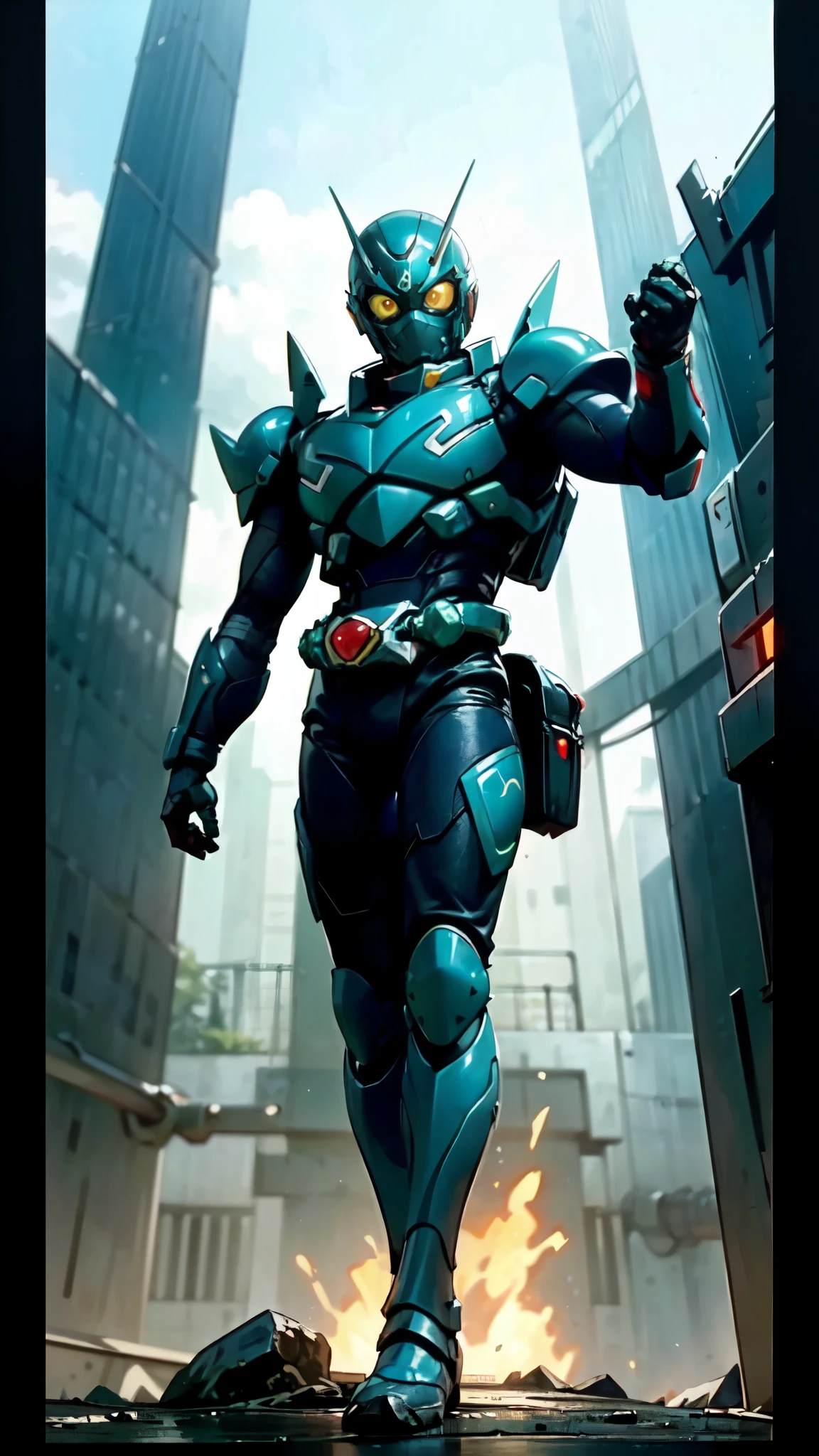 (masterpiece:1.5, best quality:1.5, extremely delicate:1.5), a man wearing a full-face helmet, a fantasy-style biotech armored combat suit, green eyes, (a composite layered chest armor), fully enclosed shoulder guards, matching arm and leg guards, belt of Neon circuit, (the color scheme is primarily black with green and red accents), the design balances heavy with agility, a high-tech bio-mecha armor, (Armor Concept Inspired by Kamen Rider, stand on the top of a skyscraper in a futuristic sci-fi city), this character embodies a finely crafted fantasy-surreal style armored hero in anime style, exquisite and mature manga art style, (element, plasma, energy, the armor glows), ((male:1.5)), metallic, high definition, highres, ultra-detailed, ultra-fine painting, professional, perfect body proportions, golden ratio, anatomically correct, symmetrical face, extremely detailed eyes and face, high quality eyes, creativity, RAW photo, UHD, 32k, Natural light, cinematic lighting, masterpiece-anatomy-perfect