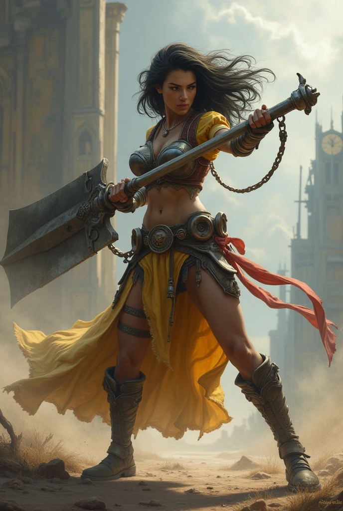 A brave woman attacking with a weapon about 10 times her size, 1girl,