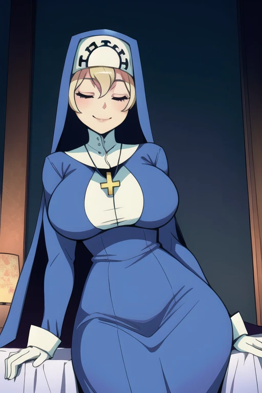 Double, short blonde hair, medium breasts, solo, 1girl, smiling, cowboy shot, closed eyes,
blue habit, cross necklace ,white gloves, long sleeves, nun, long skirt
(insanely detailed, beautiful detailed face,beautiful detailed eyes, masterpiece, best quality) room, bedroom, sitting, sexy pose, leaning back, posing, from below, groin, rubbing groin