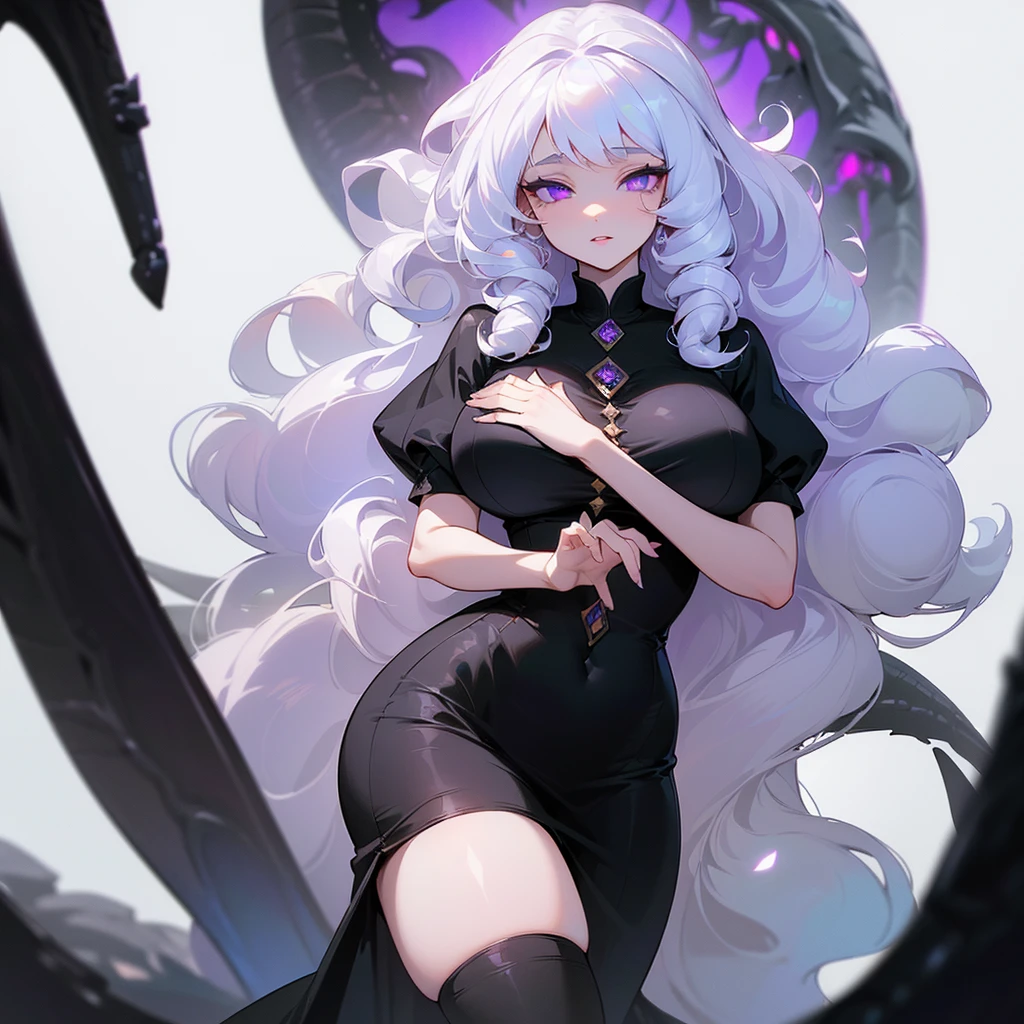((ultra quality)), ((masterpiece)), ((Angelic beauty woman)), ((long white curly hair)), ((White hair)), ((fluffy white hair)), ((curly hair)),  (beautiful face), (beautiful thick lips), Enchanting ((Calm facial expression)), looks at the camera with a slight smile, (White skin color), (White skin), glow on the body, ((detailed eyes)), ((Next to a huge black dragon)), ((violet eyes)), (juicy female lips), (dark eyeliner), (beautiful female hands), ((thick body)), ideal female body, ((black dress)), beautiful waist, beautiful big hips, big breasts, thick thighs, ((threatening and beautiful)) (), ((depth of field)), ((high quality clear image)), (delete details), ((High detail)), ((clear focus))