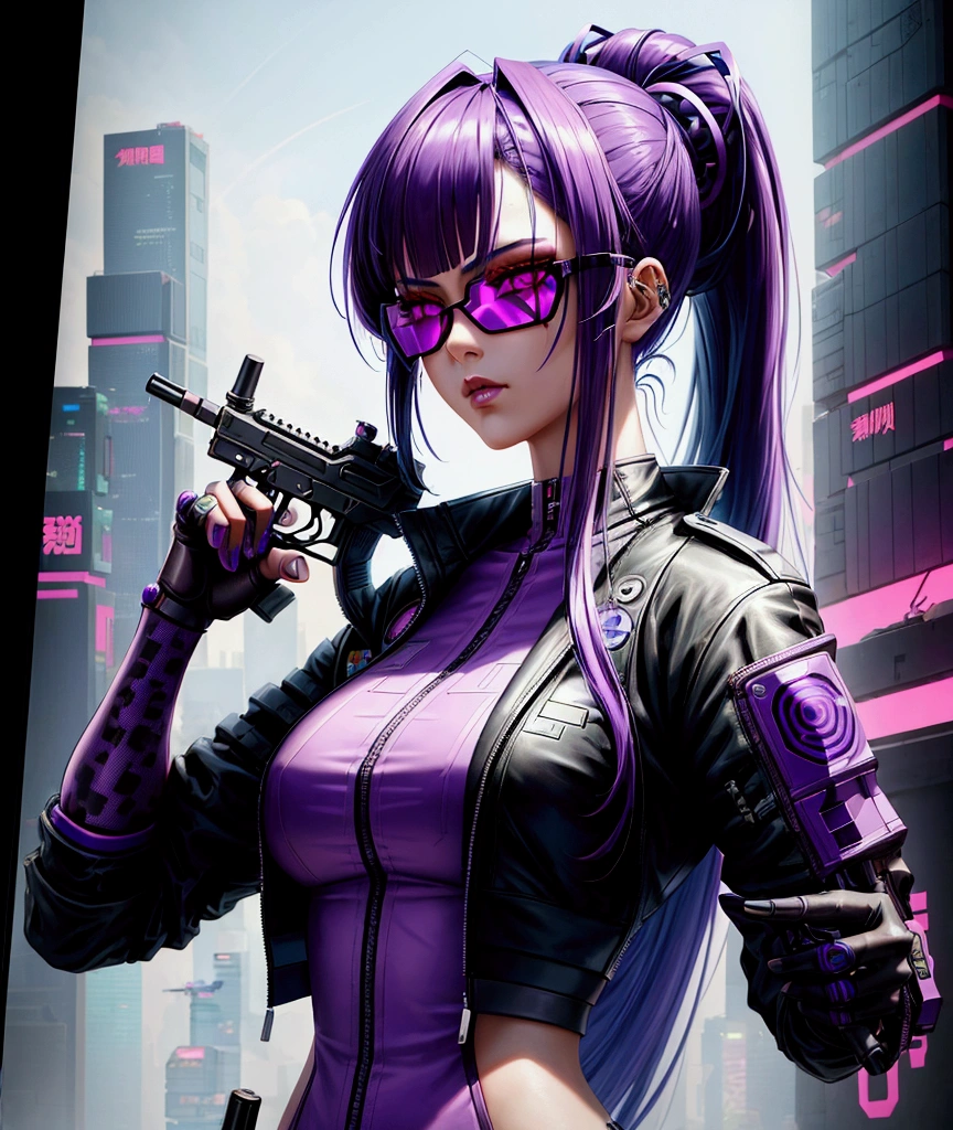Close-up of a person with purple hair and a gun, Cyberpunk art inspired by Yanjun Chen, Trending on CGSociety, Digital Art, Advanced Digital Animation Art, Detailed digital anime art, Portrait Anime Fighter Pilot Girl, Digital Cyberpunk Anime Art