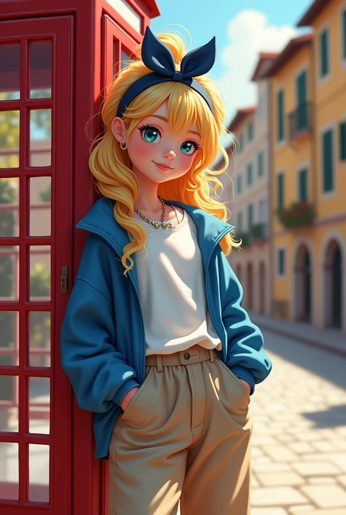 The portrait is of a young girl in a typical Italian setting. The buildings behind her are old and picturesque, and represent the beauty of Italy. The girl has long, wavy blonde hair that is pulled back in a messy, casual hairstyle, with highlights of bright blue streaks throughout. She is wearing a black headband with a cute, blue coquettish bow on it. She wears a baggy, blue jacket which is worn open, revealing a plain white t-shirt underneath. Her pants are oversized beige baggy jeans reaching down to her white sneakers on her feet. She stands next to a red, old, typical telephone booth and leans on it with her whole body.