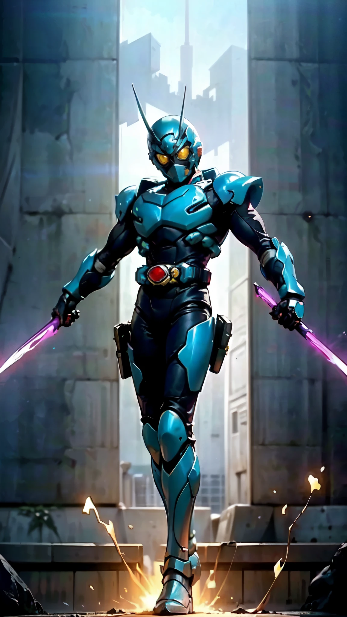 (masterpiece:1.5, best quality:1.5, extremely delicate:1.5), a man wearing a full-face helmet, a fantasy-style biotech armored combat suit, green eyes, (a composite layered chest armor), fully enclosed shoulder guards, matching arm and leg guards, belt of Neon circuit, (the color scheme is primarily black with green and red accents), the design balances heavy with agility, a high-tech bio-mecha armor, (Armor Concept Inspired by Kamen Rider, stand on the top of a skyscraper in a futuristic sci-fi city), this character embodies a finely crafted fantasy-surreal style armored hero in anime style, exquisite and mature manga art style, (element, plasma, energy, the armor glows), ((male:1.5)), metallic, high definition, highres, ultra-detailed, ultra-fine painting, professional, perfect body proportions, golden ratio, anatomically correct, symmetrical face, extremely detailed eyes and face, high quality eyes, creativity, RAW photo, UHD, 32k, Natural light, cinematic lighting, masterpiece-anatomy-perfect