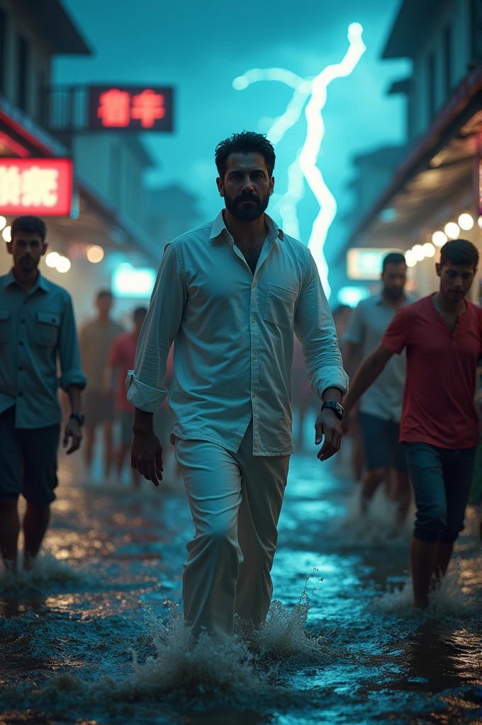 A man with dark hair and beard 30 year old politician wearing plain full handed white shirt and pant they helping people in flood background thunder neon effect 