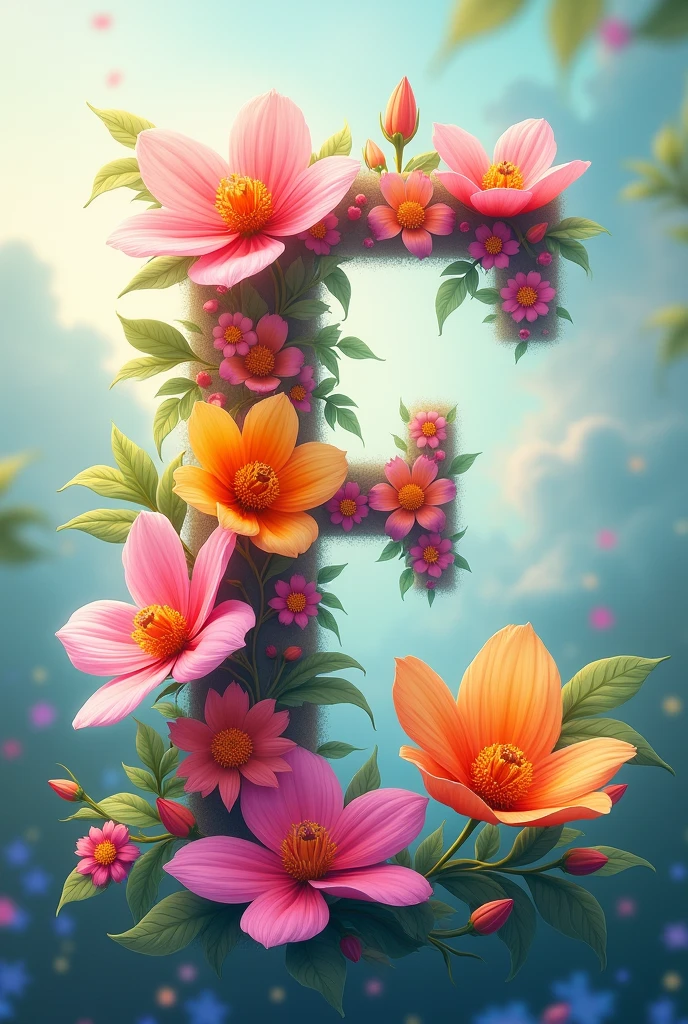 F**: "Create an image of the letter 'F' with a vibrant flower beside it. The flower should be colorful and lively, with petals radiating joy, set against a background of soft clouds or a garden