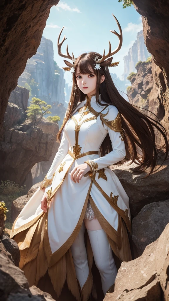 Huge gorgeous detailed anime painting ((White and brown)) Female deer and ((Dark brown eyes)) and、Like a suit of armor with large antlers standing in a cave、The rock crystals that surround its body