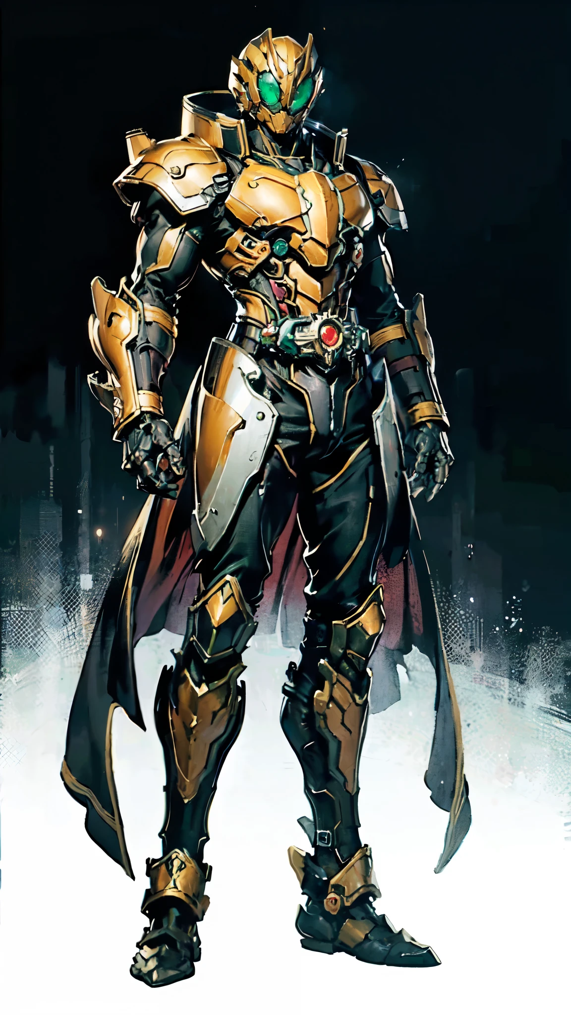 (masterpiece:1.5, best quality:1.5, extremely delicate:1.5), a man wearing a full-face helmet, a fantasy-style biotech armored combat suit, green eyes, (a composite layered chest armor), fully enclosed shoulder guards, matching arm and leg guards, belt of Neon circuit, (the color scheme is primarily black with green and red accents), the design balances heavy with agility, a high-tech bio-mecha armor, (Armor Concept Inspired by Kamen Rider, stand on the top of a skyscraper in a futuristic sci-fi city), this character embodies a finely crafted fantasy-surreal style armored hero in anime style, exquisite and mature manga art style, (element, plasma, energy, the armor glows), ((male:1.5)), metallic, high definition, highres, ultra-detailed, ultra-fine painting, professional, perfect body proportions, golden ratio, anatomically correct, symmetrical face, extremely detailed eyes and face, high quality eyes, creativity, RAW photo, UHD, 32k, Natural light, cinematic lighting, masterpiece-anatomy-perfect
