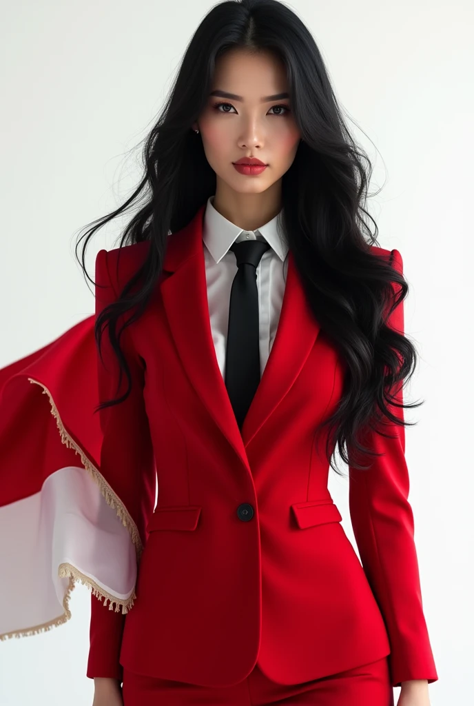 Portrait, beautiful woman, holding Indonesian flag, alpha female, shirt, blazer red, tie, elegant, black hair, white background