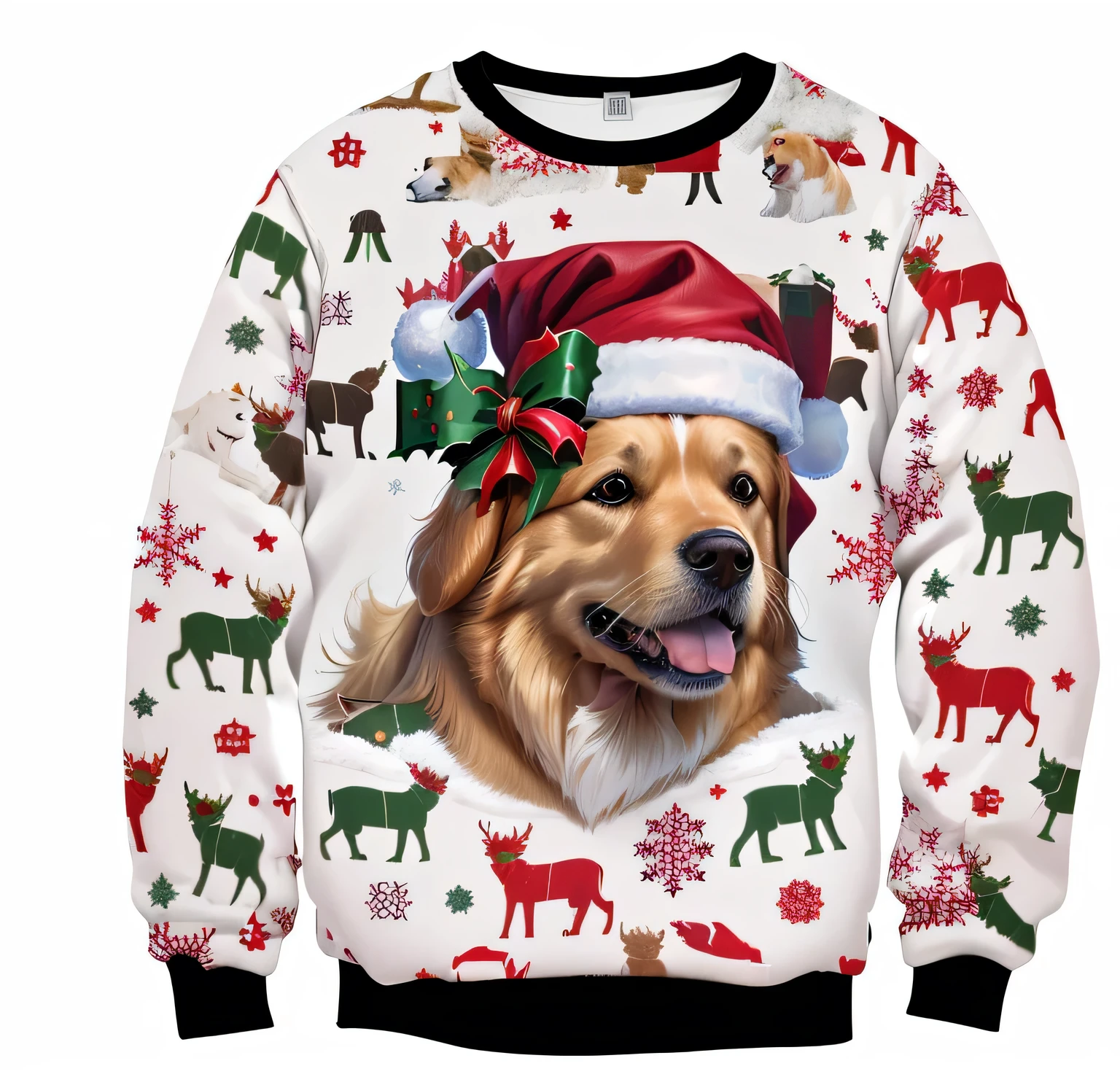 Golden retriever dog wearing Santa hat and Christmas sweater, Very realistic, 3 6 0 points, Highly realistic, 1 8 0 0 dpi, want to, 2020 fashion, Extremely realistic, Lovely, Surrealism, very Very realistic, 480p, 4 8 0 points, unbelievably realistic, animal, Lovelyst, !!beautiful!!