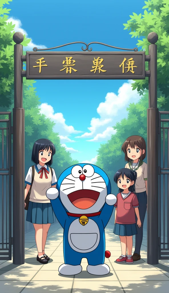 Doraemon enrolls in school: Doraemon stands in front of the school gate with the teacher and students.. Everyone's faces showed surprise and delight..