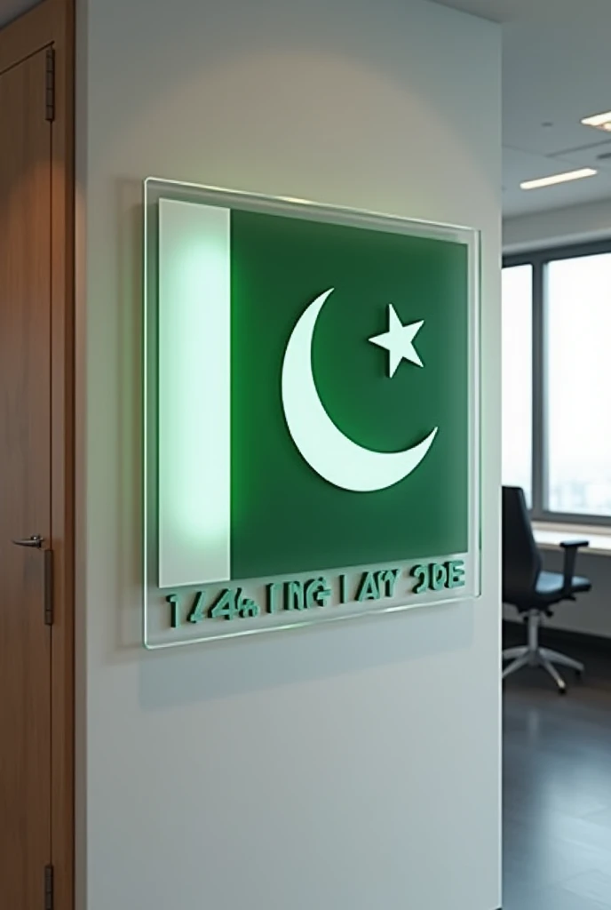 "An office wall featuring a 2D logo made of acrylic material, representing the flag of Pakistan. The logo is prominently displayed on the wall, and it includes a bold text that reads '14% OFF'. The office environment is professional, with neutral-colored walls and modern furnishings. The logo is eye-catching, with the '14% OFF' text in a vibrant color to draw attention, symbolizing a special discount or promotion in honor of Pakistan's Independence Day."