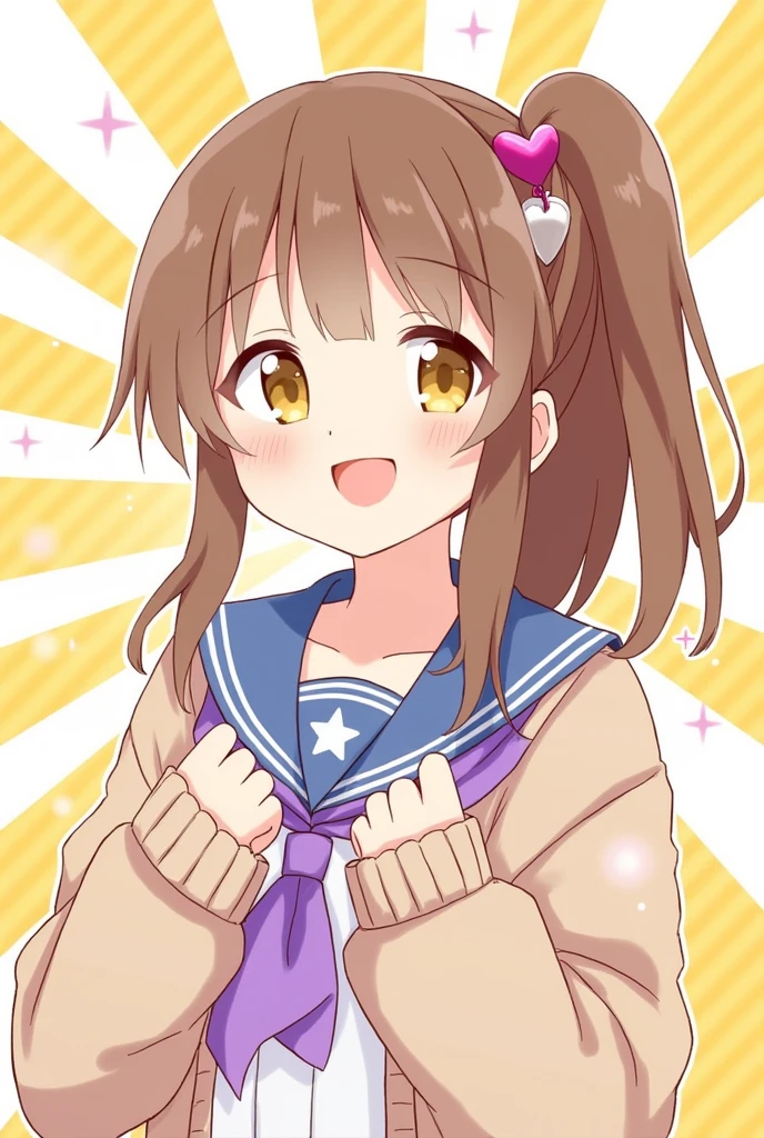 ichigestyle, 1girl, solo, brown hair, heart, hair ornament, school uniform, side ponytail, smile, looking at viewer, neckerchief, upper body, heart hair ornament, cardigan, sailor collar, serafuku, black sailor collar, bangs, yellow eyes, closed mouth, long hair, brown eyes, purple neckerchief, striped background, collarbone, striped, polka dot, star (symbol)