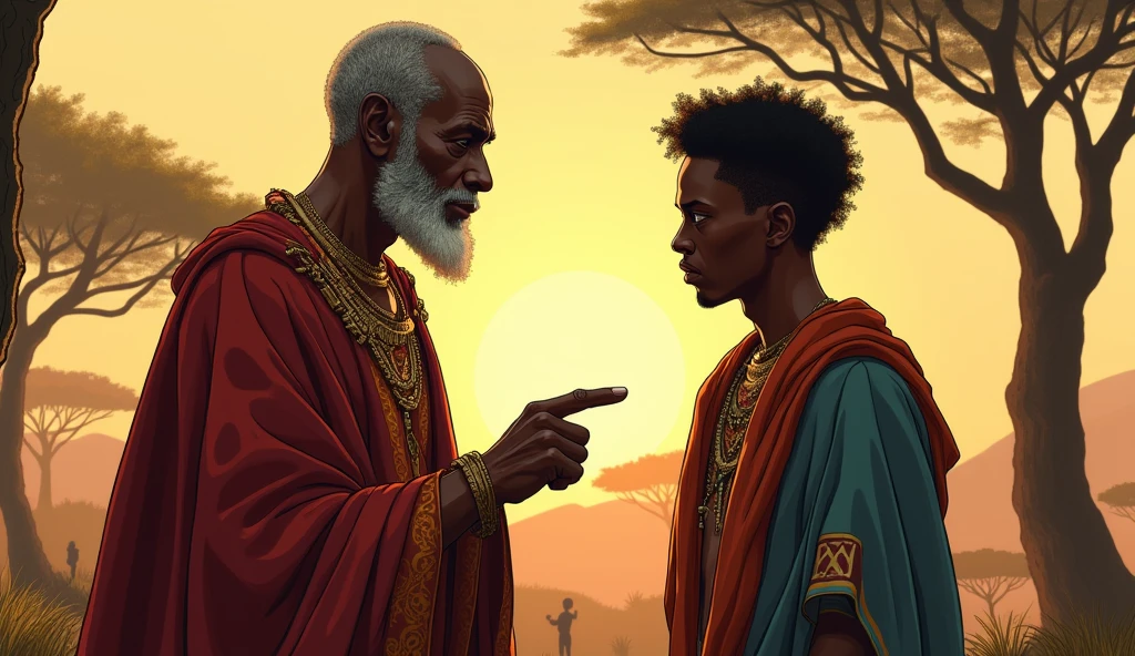 (African folktale)Zolani looked at his son, seeing in him the same fire that had once driven him to greatness—and to ruin. He sighed deeply, his voice carrying the weight of his past as he replied, "Mandla, my son, the power I wielded was not true power. It was born of fear and maintained through suffering.
The king is an old wise man dressed in a regal buth worn-out attire.
His son is a 23 years old man dressed in a rich vibrant robes that signify his royal heritage,
His son is pointing down
His expression a mix of anger and pride
