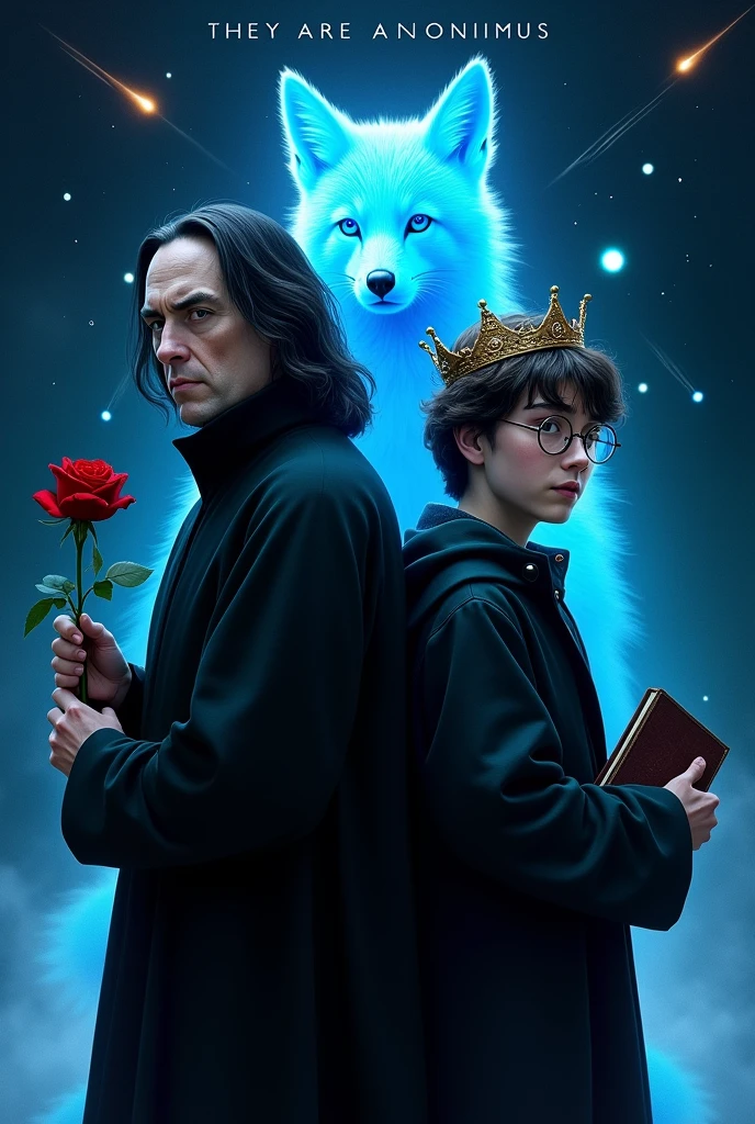 Professor Severus Snape should be the head of Slytherin house in the picture, with a red rose in one hand and a book in the other hand, and Harry Potter's 17-year-old self, in glasses, with a crown on his head and a book in his hand. The two characters should stand with their backs to each other. In the background is a blue glowing fox in the middle, similar to protective charms, outer space, the shooting stars, the minor planets. The inscription THEY ARE ANONIMUS should be at the top of the picture