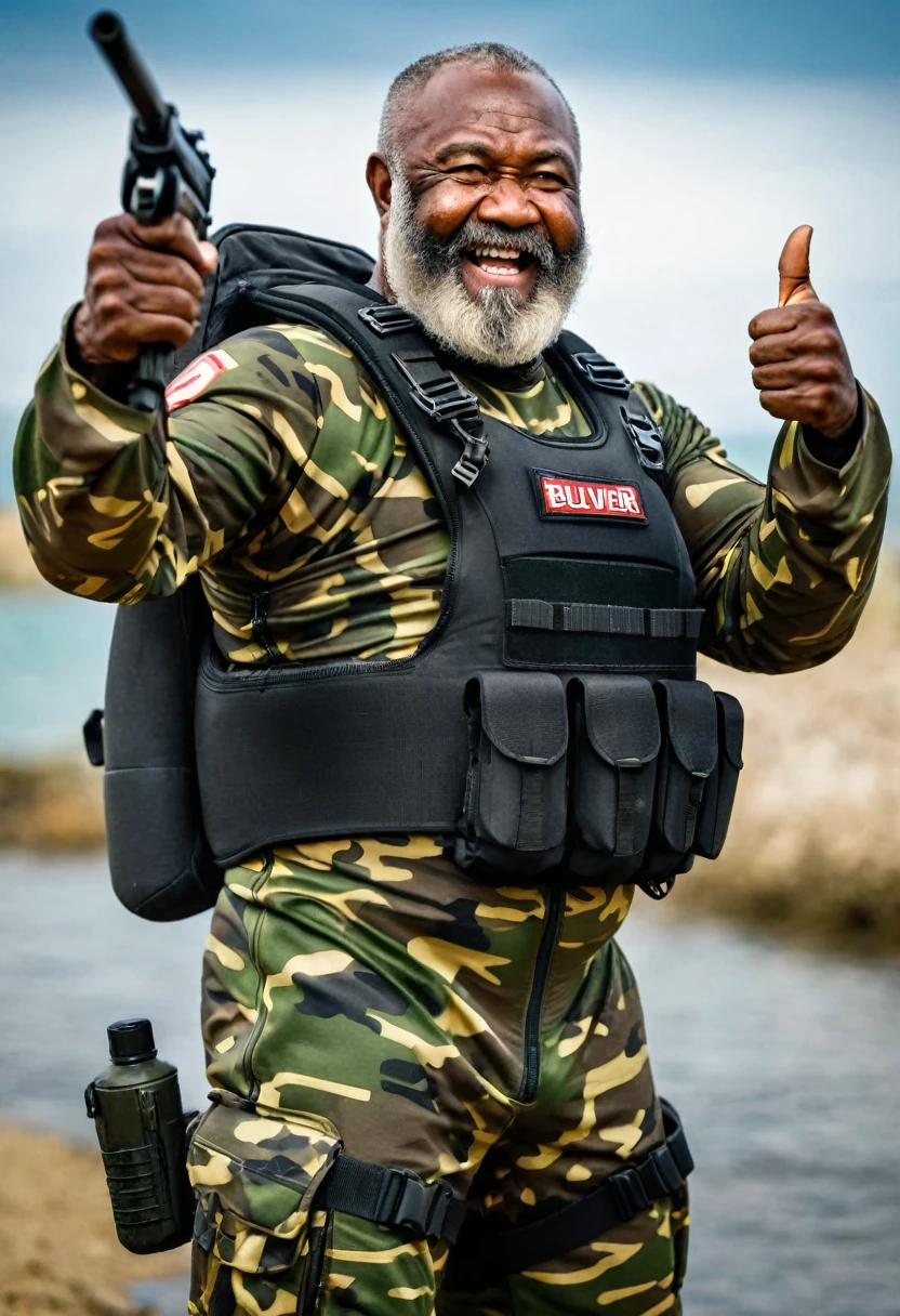 (a dark-skinned bearded fat muscular old man in a bulky army camouflage zipper diver suit) masturbating, thumbs up, carrying a gun, muscular, Bruce Onobrakpeya, sumatraism, stanley artgermm, action, heroic, fierce, furious
