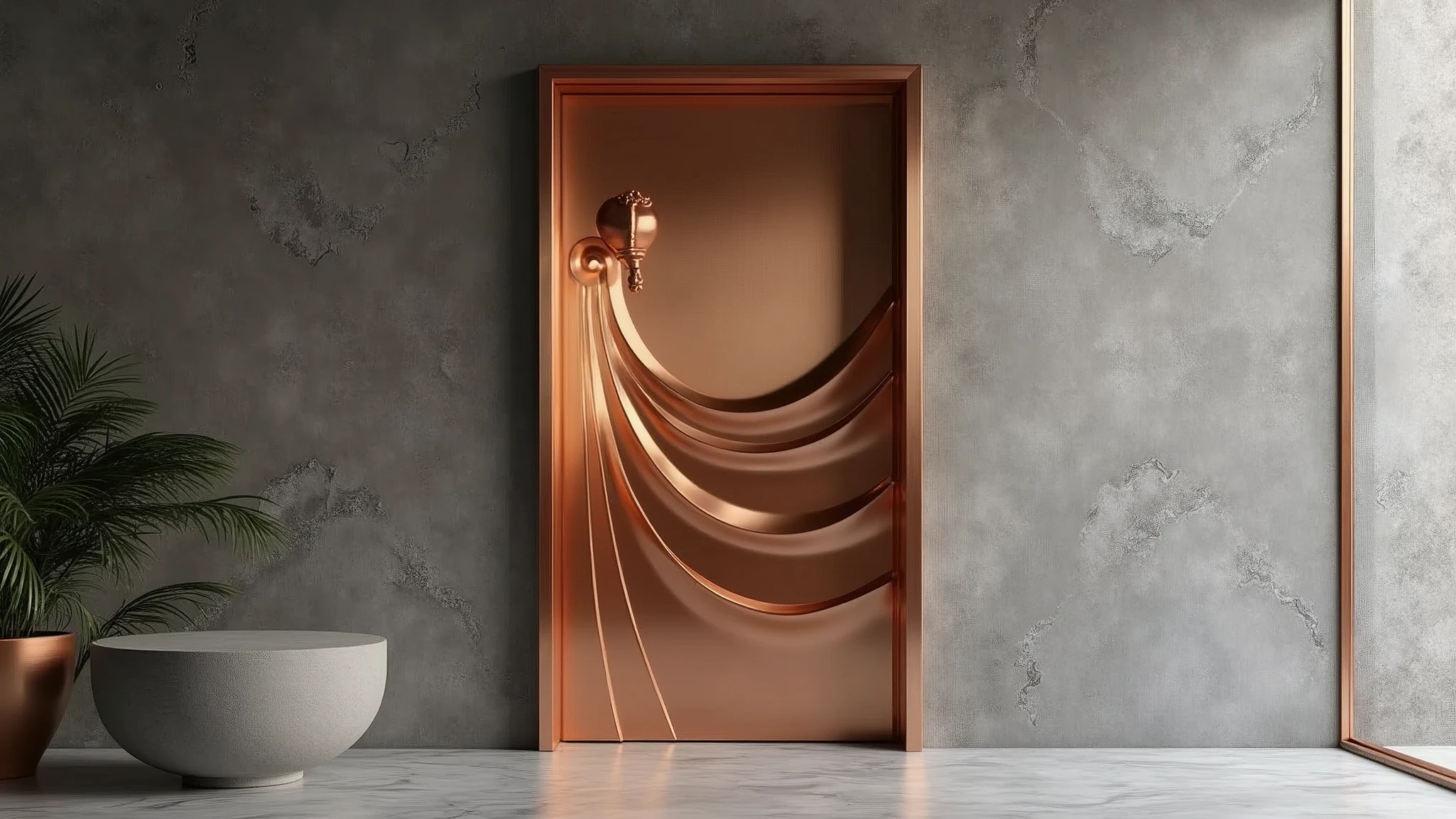 Copper door, modern minimalist style, curve texture, wave, gray background 8k