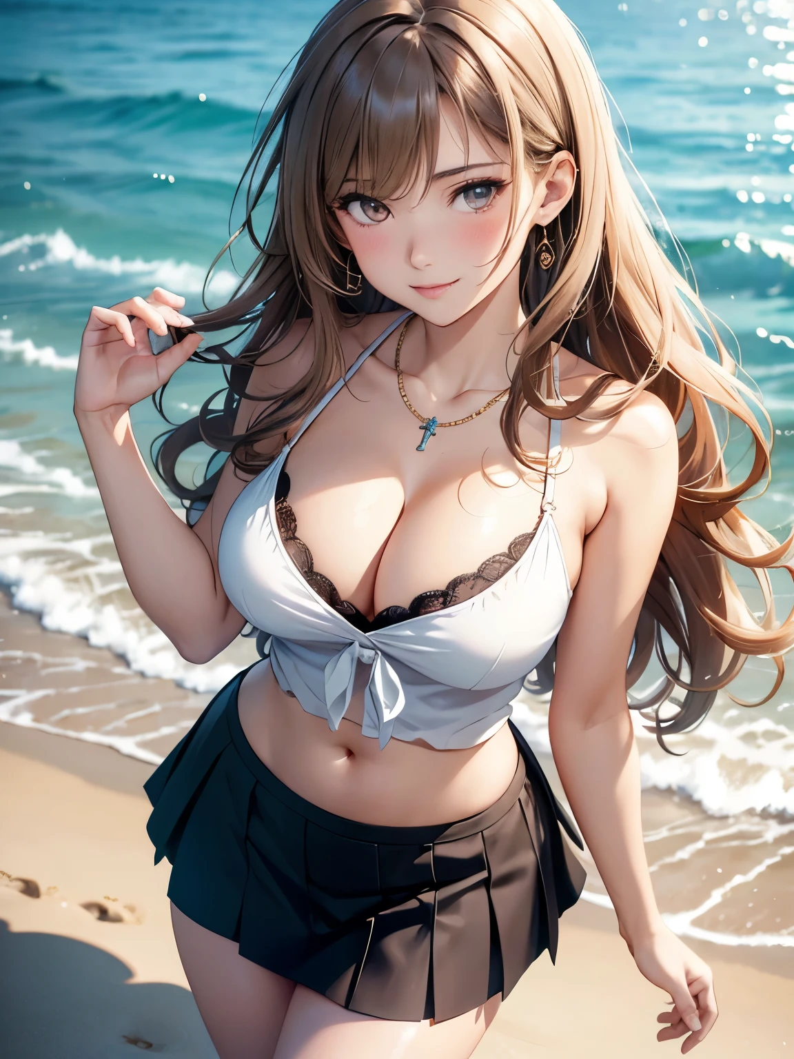 (Top Quality, High Resolution, Masterpiece, 4K), (soft light, shiny hair, beautiful eyes), young woman, full body view, lovely smile, ((long wavy hair, bangs, light colored hair)), ((greedy eyes, brown eyes, perfect eyes)), ((detailed face, blush:1.1)), (( Smooth texture:0.75, Realistic texture:0.65, Realistic:1.1, Animated CG style)), Large breasts, cleavage, seductive body, (random color blouse, tight skirt, attractive thighs visible), Pretty necklace, cute earrings, (Walking along a long sandy beach, walking in the calm waves), strong sunlight, hand in own hair, showing chest with smiling , from above++, holding sunglasses in mouth, gesture of hair tied back with both hands, dynamic pose