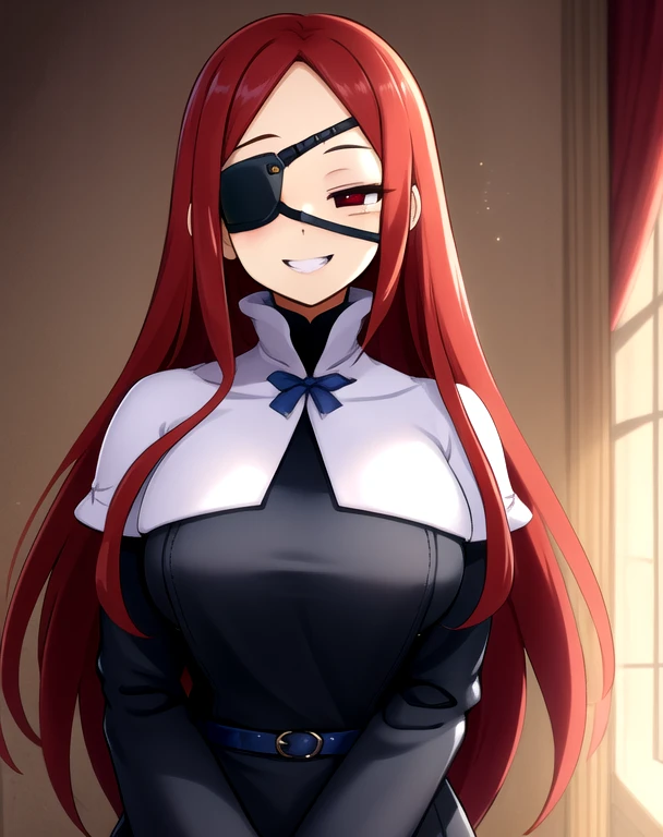 Marietta, right eyepatch, long red hair, grin, red eyes,
blue roped belt,long sleeves,black dress, castle, long skirt, white gloves, indoors,
(insanely detailed, beautiful detailed face, masterpiece, beautiful detailed eyes, best quality) room standing