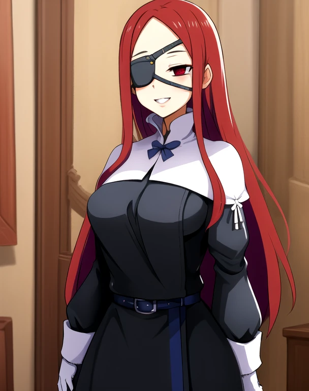 Marietta, right eyepatch, long red hair, grin, red eyes, 
blue roped belt,long sleeves,black dress, castle, long skirt, white gloves, indoors,  
 (insanely detailed, beautiful detailed face, masterpiece, beautiful detailed eyes, best quality) room standing 
 