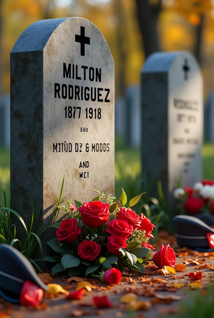 Create two tombstones together, One tombstone says "MILTON RODRIGUEZ 1887/1918" This one with red roses, carnations and autumn leaves on the ground,  military berets aside, It is a tribute to the fallen soldiers 