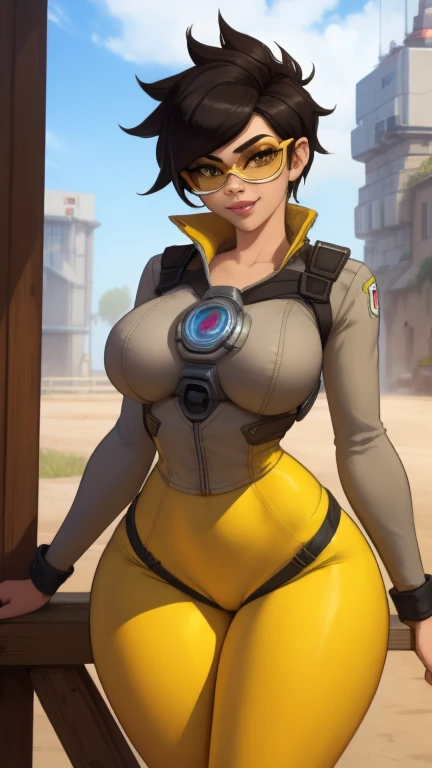 (thick thigs:1.8)(gigantic breast:1.8) 1 girl,(solo),(high-level image quality),(hight quality),(high resolution),(detailed),(masterpiece),(artwork:1.2), (realistic), (cowboy shot:1.5),looking at viewer, Detailed eyes, perfect face, perfect eyes, Detailed face,very short black hair,fingerless glove,Tracer (overwatch),((eyewear)),(yellow leggings),(long shot), smile, curvy,(reactor),garter belt,tall,