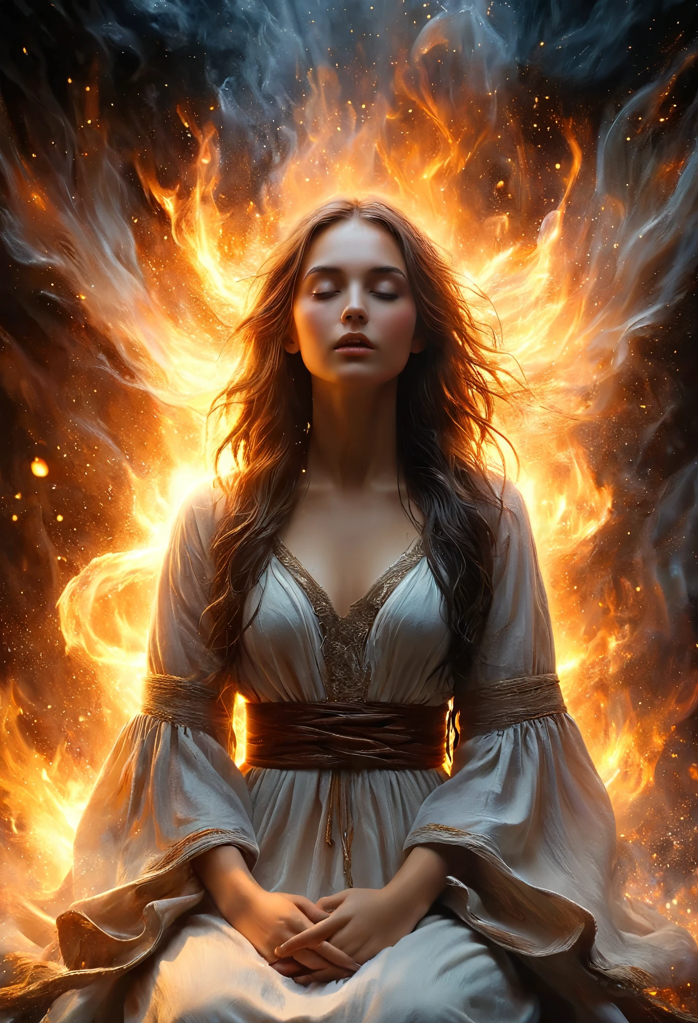 (Highest quality, masterpiece),  (One girl, alone,Brown robes, expression, avert your eyes, Sitting, Wide sleeves, Iris, Mouth closed, Ribbon-shaped fire on head, Long Hair, Cowboy Shot), (Monochrome, Night sky at the cave entrance , Light rising from below, Inside the cave, A bunch of floating glowing white particles, Burning fire at hand, Many small fires are floating),