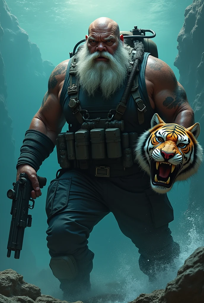 (a dark-skinned fat muscular bearded old man in skintight scuba diver suit) carrying a gun in right hand, (carrying realistic roaring tiger mask), dynamic action pose, fierce expression, showcasing an imposing stature, surrounded by military elements, dramatic shadows and intense highlights, cinematic color tones, high detail, powerful, art influenced by Bruce Onobrakpeya and Stanley Artgerm, ultra-detailed, best quality image, action-packed atmosphere. fighting stance. surfacing from the sea