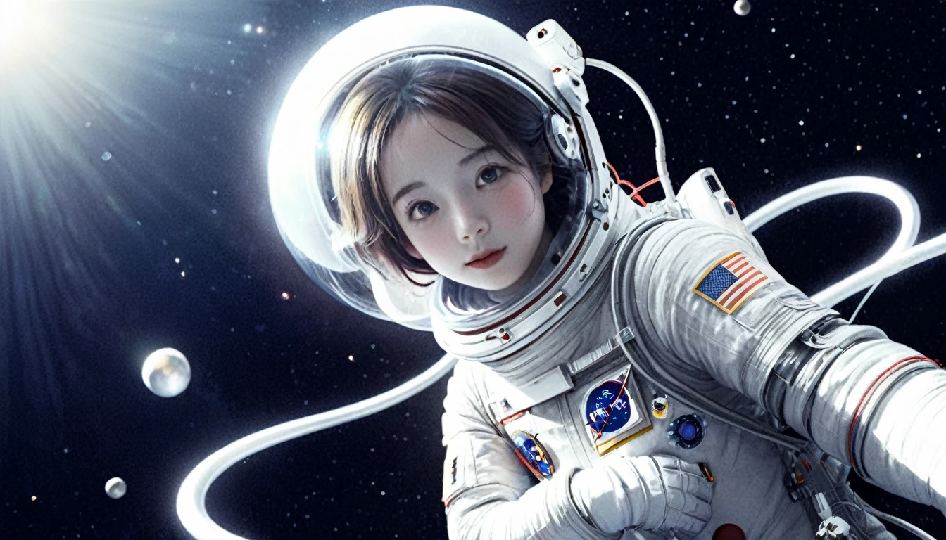 Spacewalk、The subject is small、bail_particle,bail_OK,Lines of Light,光のparticle,A girl made of particle,The density of OK at the finger part is high,(Gray Hair:0.3),