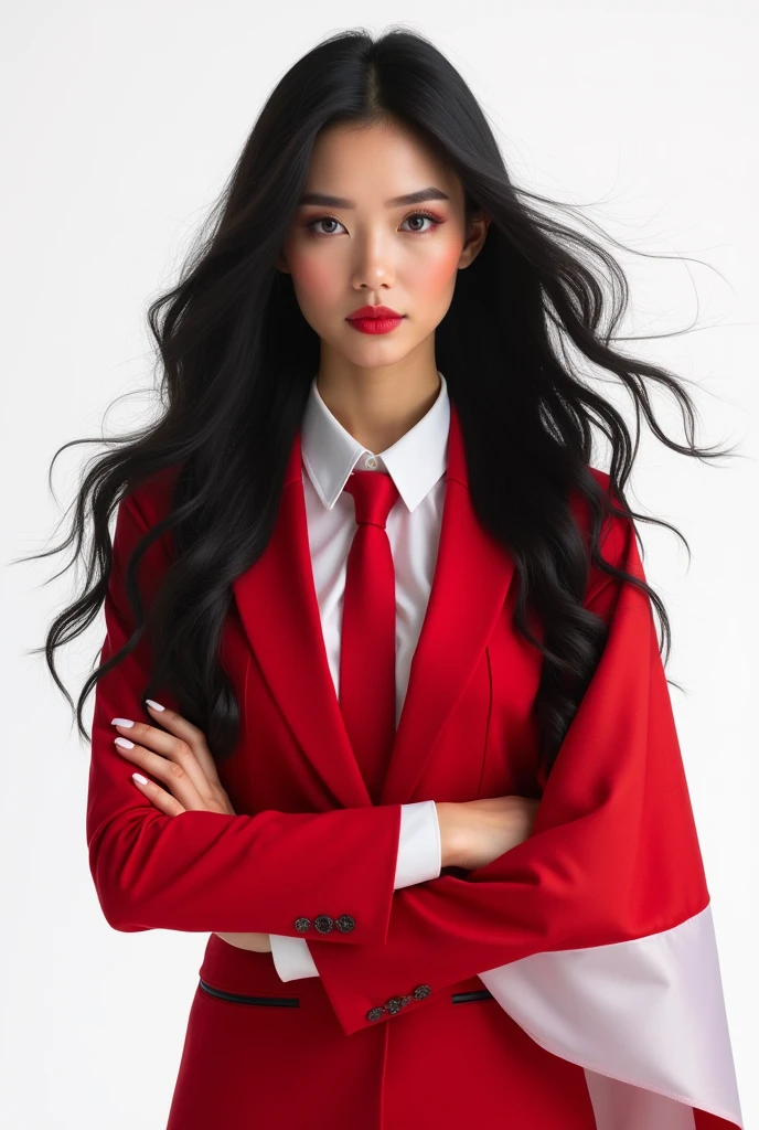 Portrait, beautiful woman, holding Indonesian flag, alpha female, shirt, blazer red, tie, elegant, black hair, white background