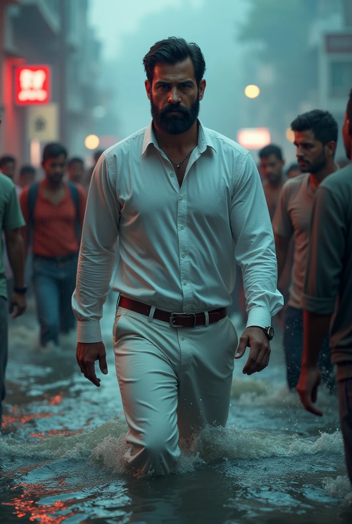 A man with dark hair and beard 30 year old politician wearing plain full handed white shirt and pant they helping people in flood background thunder neon effect 