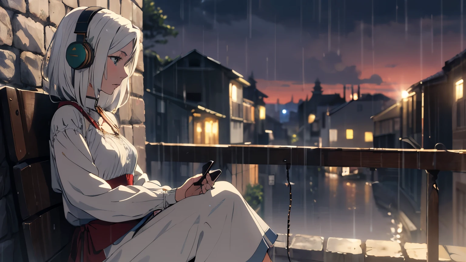 elf girl with white hair, wearing medieval dress, wearing headphone, watching the rain, medieval town.