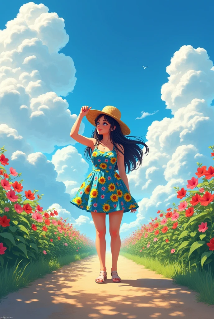 1 girl,black hair, big breasts,smile,straw hat,One-piece dress with sunflower pattern on blue ground color,She is standing on a jarry road in the countryside,She holds her straw hat on top with her right hand,She's looking up at the sky,The area around the Jariji road is filled with morning glories,blue sky,cumulonimbus