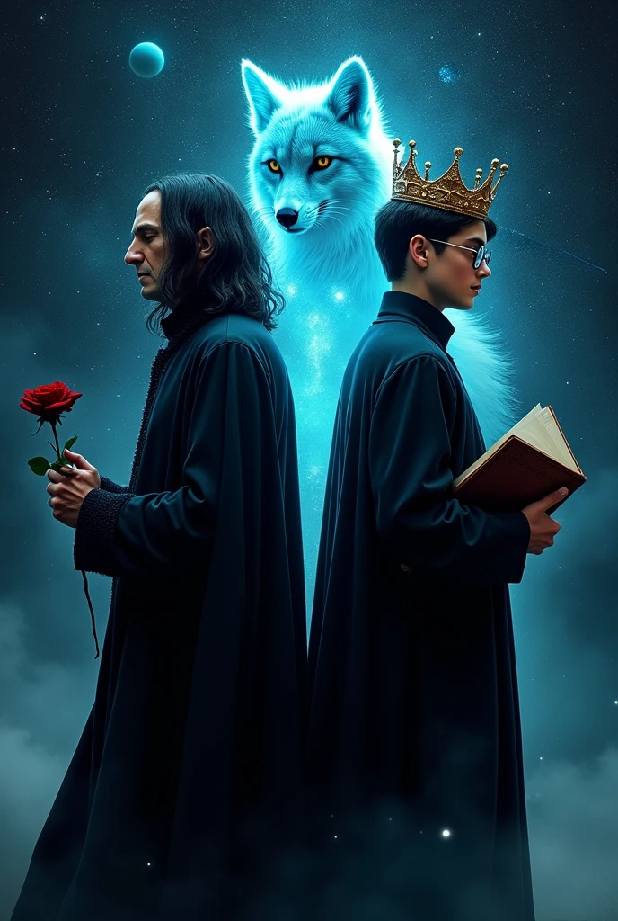 Professor Severus Snape should be the head of Slytherin house in the picture, with a red rose in one hand and a book in the other hand, and Harry Potter's 17-year-old self, in glasses, with a crown on his head and a book in his hand. The two characters should stand with their backs to each other. In the background is a blue glowing fox in the middle, similar to protective charms, outer space, the shooting stars, the minor planets. The inscription THEY ARE ANONIMUS should be at the top of the picture