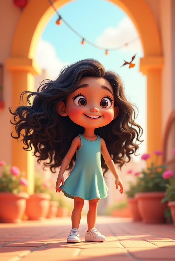 Create a 3D poster in the style of Disney PIXAR. 5 year old girl, long black curly hair, brown eyes and smiles. dress of light blue color, white shoe, (all this in the style Disney PIXAR 3D, cartoon style, POP market, soft lighting, soft lines, spring tilt, detailed illustrations of PIXAR 3D, hyper-realistic details, warm colors in the style Disney PIXAR 3D). several poses facial expressions.