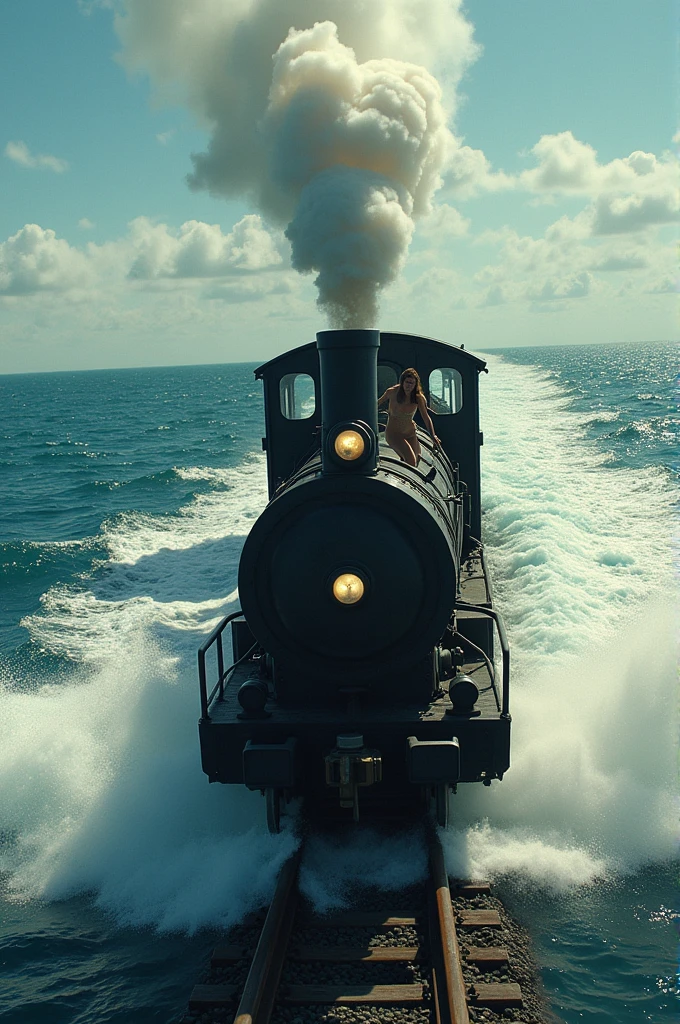 Make a thumbnail in which a man is sitting on top of a train and he is chasing a girl on top of the train. The train is running over the sea. 